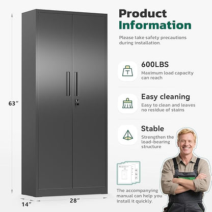Greenvelly Metal Storage Cabinet, 63" H Locking Metal Storage Cabinet with Doors and 4 Shelves, Lockable Steel Cabinets for Kitchen, Bedroom, Living Room, Office (Black)