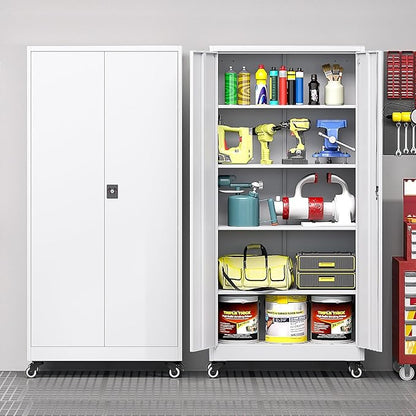 Metal Storage Cabinet with Wheels, Tall Garage Storage Cabinet with 4 Adjustable Shelves and 2 Doors, Lockable Tool Cabinet for Garage Home Office,Gym,School (White)