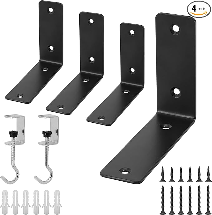 L Floating Shelf Brackets,4 Pack Heavy Duty L Brackets for Shelves, L 5" X H 4" Black Metal Countertop Support Brackets,Wall Mounting for Wood