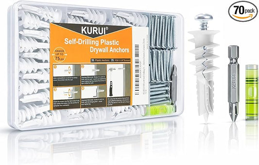 KURUI #8 Self Drilling Drywall Anchors and Screws, Heavy Duty Dry Wall Anchors Holds Upto 75LB, Picture Hanging Kit, No Pre-Drilling, for Mounting Shelves,Frames,Curtains,Clocks - 70Pcs