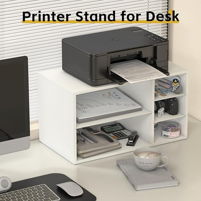 MARTY Printer Stand with Storage for Desk Large Desktop Printer Stand Desk Organizer with Paper Storage Holder File Organizer Wooden Printer Shelf Riser for Home/Office, White