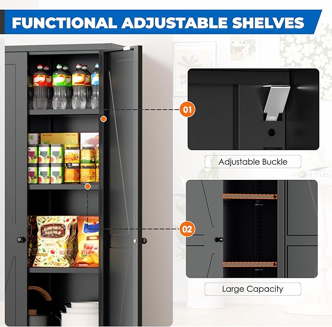 INTERGRAET 63" H Pantry Cabinet, Metal Kitchen Pantry Cabinets with 2 Doors and 4 Shelves, Farmhouse Food Storage Cabinets, Large Pantry Cabinets for Home,Kitchen,Living Room/Dining
