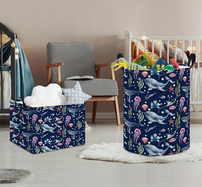 Laundry Hamper, Laundry Basket, Nursery Hamper, Waterproof Storage Bin, Clothes Organizer Basket, Room Decor(Watercolor Ocean)