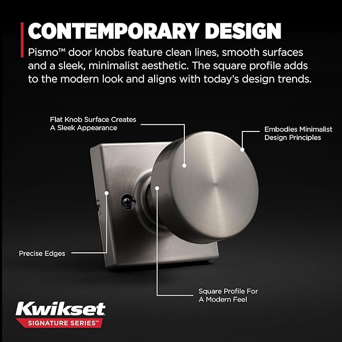 Kwikset Pismo Dummy Door Knob, Single Sided Handle for Closets, French Double Doors, and Pantry, Satin Nickel Non-Turning Interior Push/Pull Door Knob, with Microban Protection