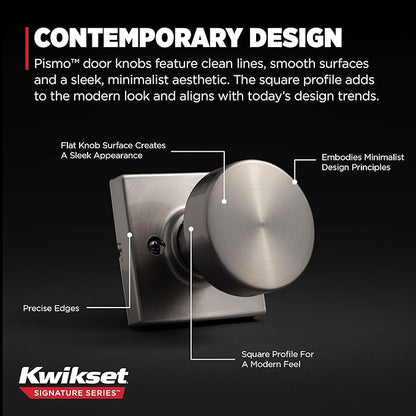 Kwikset Pismo Dummy Door Knob, Single Sided Handle for Closets, French Double Doors, and Pantry, Satin Nickel Non-Turning Interior Push/Pull Door Knob, with Microban Protection