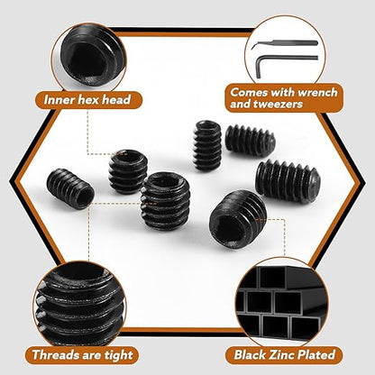 1400 Pcs 26 Size Set Screw Kit Metric&SAE Set Screw Assortment Kit 12.9 Alloy Steel Head Socket Hex Metric Set Screws Kit Black Zinc Plated Cup-Point Screws (M3-M8, 1/8"-40 to 5/16"-18)