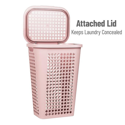 Mind Reader Slim Tapered Laundry Hamper with Lid, Clothes Basket with Swiss Cross Cut-Outs, Lightweight & Ventilated, Plastic, 16.75"L x 12.75"W x 23"H, Pink