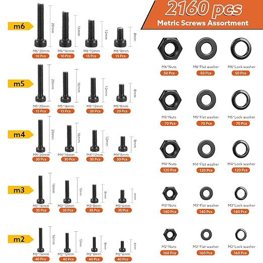 2160 Pcs Metric Screw Assortment Metric Bolts M2 M3 M4 M5 M6 Nuts and Bolt Kit, 12.9 Alloy Steel Black Zinc Plated Hex Socket Head Screws Nuts Bolts and Washers Set