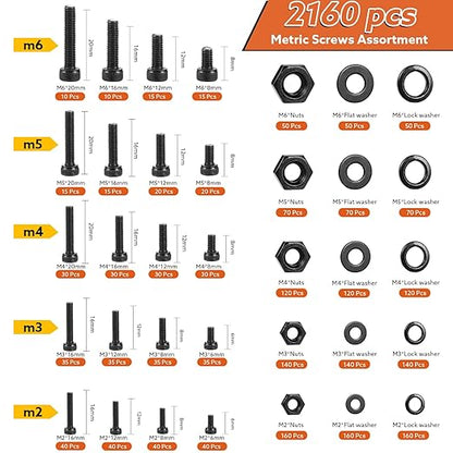 2160 Pcs Metric Screw Assortment Metric Bolts M2 M3 M4 M5 M6 Nuts and Bolt Kit, 12.9 Alloy Steel Black Zinc Plated Hex Socket Head Screws Nuts Bolts and Washers Set