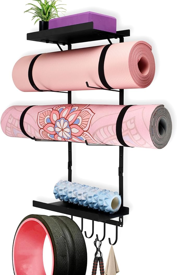 Yoga Mat Holder Wall Mount, Yoga Mats Rack with Double Floating Shelves, Yoga Accessory Storage Rack with 5 Hooks for Resistance Bands and Workout Equipment for Home Gym Storage, Black