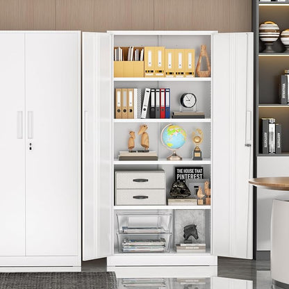72” Metal Storage Cabinet, Lockable File Cabinets with 2 Doors and 4 Adjustable Shelves, Steel Tool Cabinets with Lock for Office, Home, Gym, White-Small