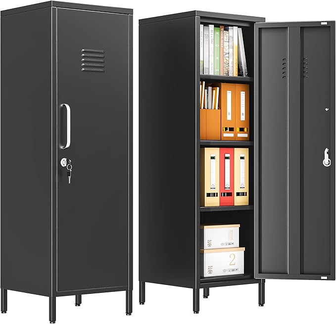 47.24" Metal Storage Locker with Lockable, Employees Metal Steel Locker with 1 Door ＆ 3 Adjustable Shelves, Small Locker Storage Cabinets for Home, School, Office, Gym (Black)