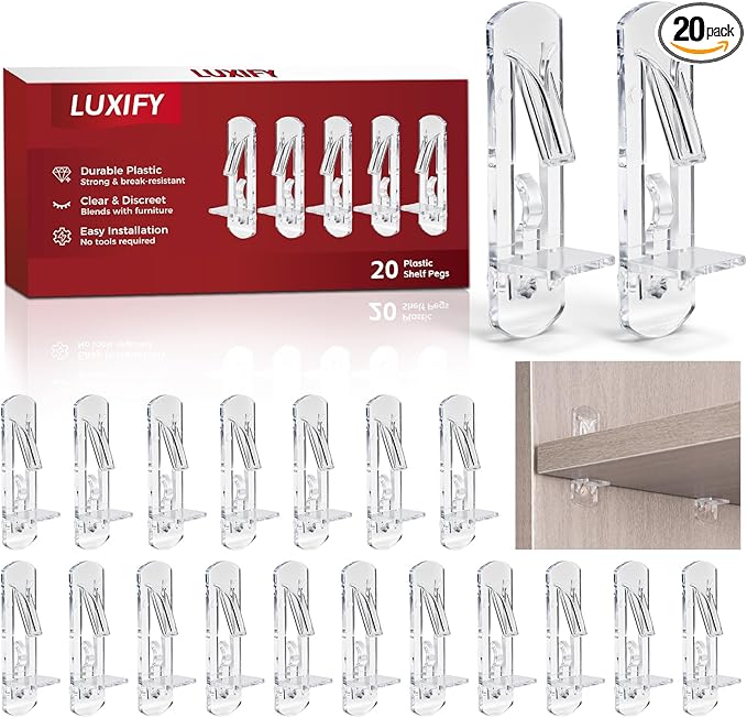20 PCS Locking Shelf Pegs 6mm*3/4″ Plastic Clear Shelf Pins & Pegs for Kitchen Cabinets, Bookcases, Wardrobe Transparent Plastic Shelf Support Pins, Compatible with All Standard 6mm Holes