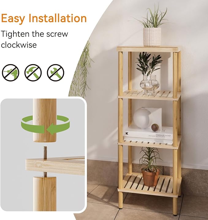 AmazerBath Bamboo Bathroom Shelf, 4-Tier Bathroom Storage Shelf, Multifunctional Storage Rack for Living Room Bedroom Kitchen, Space Saver