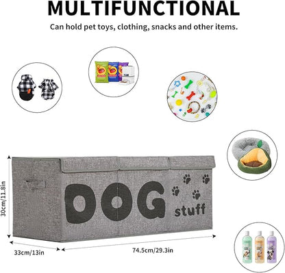 Qozary Dog Toy Storage Box - 3 Grids Large Dog Toy Basket and Storage Bin With Lid for Pet Supplies, Perfect To Keep Everything Organized