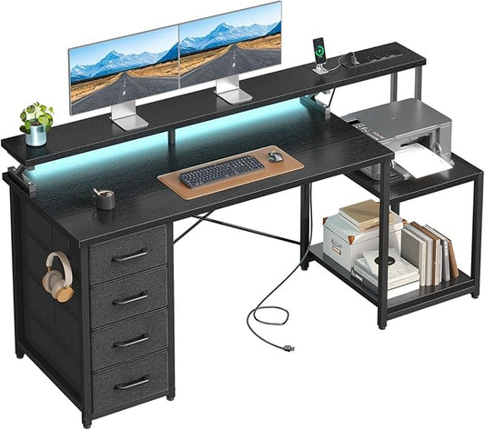 ODK 55 Inch Computer Desk with 4 Drawers, Office Desk with Power Outlets, Printer Shelf & Storage Shelves, Large Writing Study Table for Home, Bedroom, Study or Gaming Setup, Black