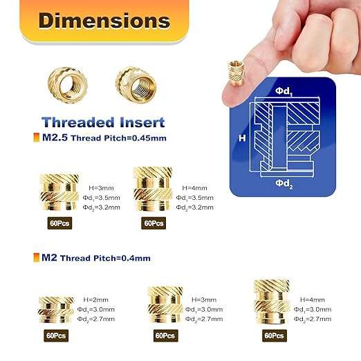 300 Pcs M2 M2.5 Threaded Inserts for Plastic with Heat Set Tips,M2 & M2.5 Heat Set Inserts Kit,Brass Inserts for 3D Pringting