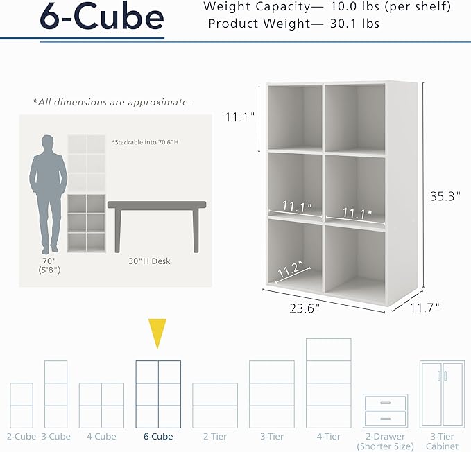 Homes: Inside + Out Apexa 6-Cube Storage Organizer Shelves, Stackable Wood Bookcase Fits Cubby Bins for Organization, Dorm Teen Room Decor & Home Office, White