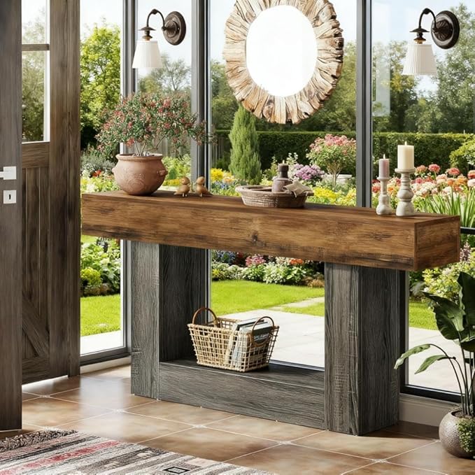 63" Wooden Rectangular Console Table for Living Room,Narrow Long Wood Behind The Couch Table,Brown