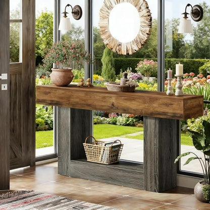 63" Wooden Rectangular Console Table for Living Room,Narrow Long Wood Behind The Couch Table,Brown