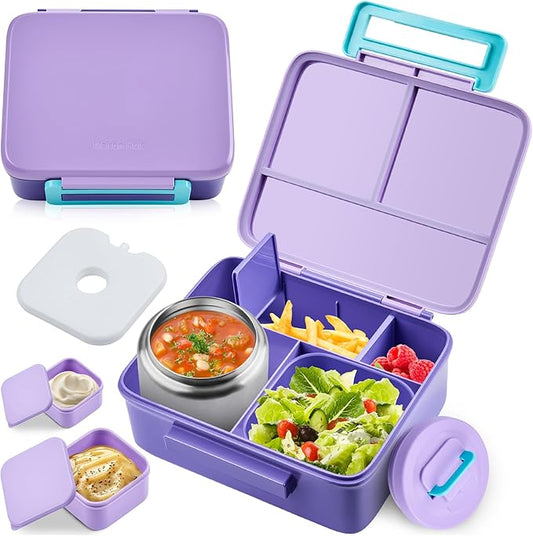 Bento Lunch Box for Kids with 8oz Soup Thermo Leak-Proof Lunch Food Containers with Snack Sauce Container for Kid Girls Boys to School,Purple