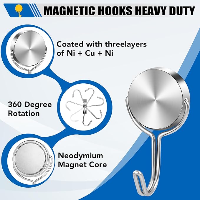 LOVIMAG Magnetic Hooks for Cruise Cabins, 60Lbs Swivel Magnetic Hooks Heavy Duty, Cruise Ship Essentials, Locker Accessories, Magnetic Hook for Classroom, Refrigerator, Hanging, Grill -10 Pack