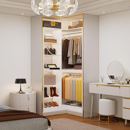 Corner Closet System with 6 Shelves, Custom 39.4"-78.8" Closet Organizer System with 3Hanging Rods, Walk in Corner Closet Organizers and Storage System, Freestanding Closet Storage System Corner,White