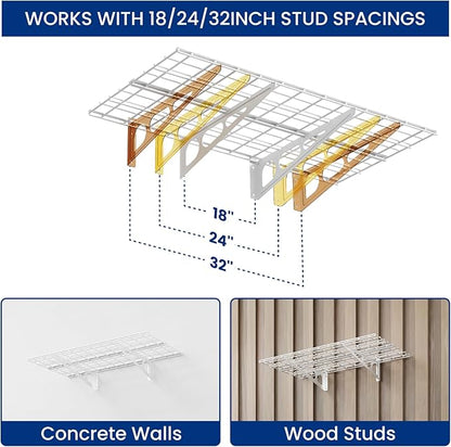 LEXIMOUNTS 2-Pack 2x4ft Garage Shelving with Hooks, 24-inch-by-48-inch Wall Shelf Garage Storage Racks Floating Shelves, White, Classic Series