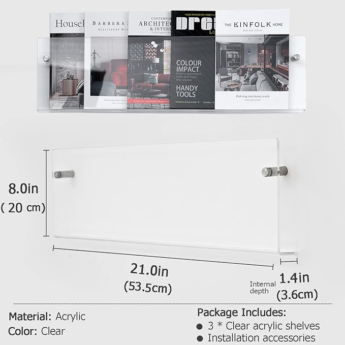 Clear Acrylic Brochure Holder Wall Mount 3 Tier, Hanging Bookshelf Magazine Rack Literature Storage Rack for Waiting Room, Living Room, Office, Home Display