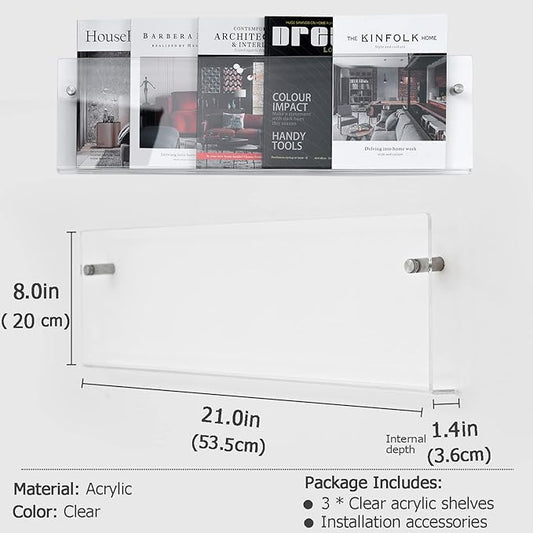 Clear Acrylic Brochure Holder Wall Mount 3 Tier, Hanging Bookshelf Magazine Rack Literature Storage Rack for Waiting Room, Living Room, Office, Home Display
