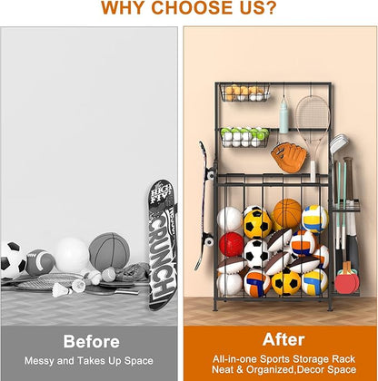 Shinoske Sports Equipment Organizer, Garage Storage Rack With Hooks and Baskets,Multi Use Large capacity Ball Storage Rack for Basketball,Football, Soccer, Bat, Toys,Indoor/Outdoor Use,Black