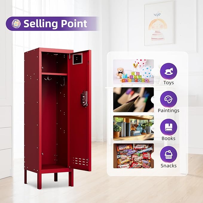 Metal Storage Locker with Lock & Card Slot Locker - Secure Lockable Door - Steel Locker for School, Office, Gym, Home - 54" H x 15" W x 15" D（1 Door, Red）