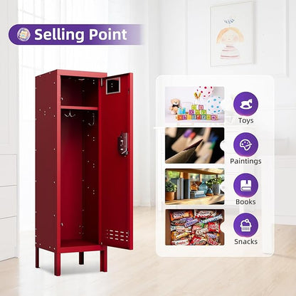 Metal Storage Locker with Lock & Card Slot Locker - Secure Lockable Door - Steel Locker for School, Office, Gym, Home - 54" H x 15" W x 15" D（1 Door, Red）