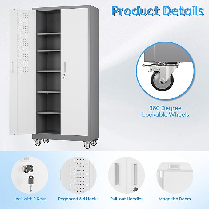 71" H Garage Storage Cabinet with Wheels, Lockable Metal Storage Cabinet with Doors,5 Adjustable Shelves and Pegboard for Garage Home Utility Room,Required Assembly,Grey&White