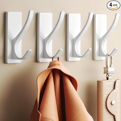 Self Adhesive Towel Hooks: Extra Strong 13LB, Stainless Hook for Hanging Loofah, Towels, Coat, Bath Robe Bathroom Shower, White, 4 Pack