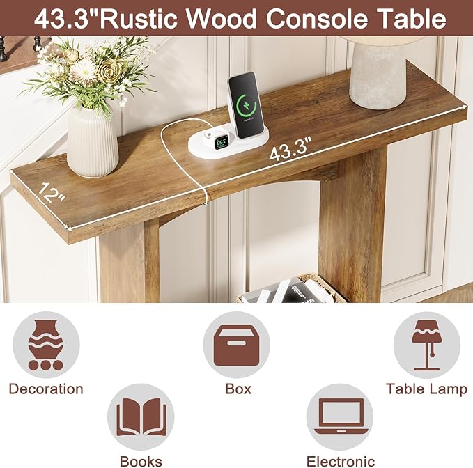 43" Console Table with Charging Station, Farmhouse Entryway Table, Entryway Table with Storage for Living Room or Foyer, Sofa Table for Hallway with Anti-Tip, Easy Assembly, Brown