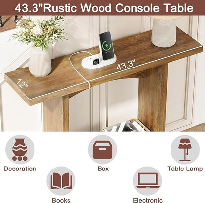 43" Console Table with Charging Station, Farmhouse Entryway Table, Entryway Table with Storage for Living Room or Foyer, Sofa Table for Hallway with Anti-Tip, Easy Assembly, Brown