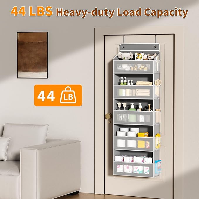 AQOOA Over The Door Organizer Storage, Hanging Door Organizer with 5 Large Capacity Pockets (Grey)
