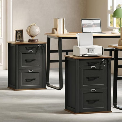 3 Drawer File Cabinet with Lock, Wooden Farmhouse Filing Cabinet with Storage Fits Letter and A4 Size, Vertical Printer Stand for Home Office, Rustic Brown and Black