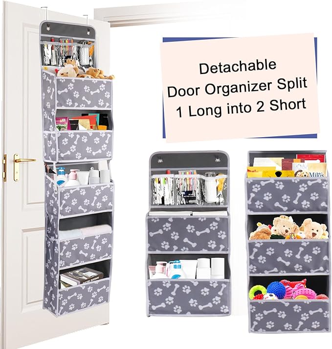 Dog Toy Basket,5-Shelf Hanging Organizer for Dog Toys,Over Door Basket for Dogs with 2 Metal Hooks,5 Pockets Organizer for Dog Leash Harness Toys Treats-62.5''(Height)-Bone Claw Print