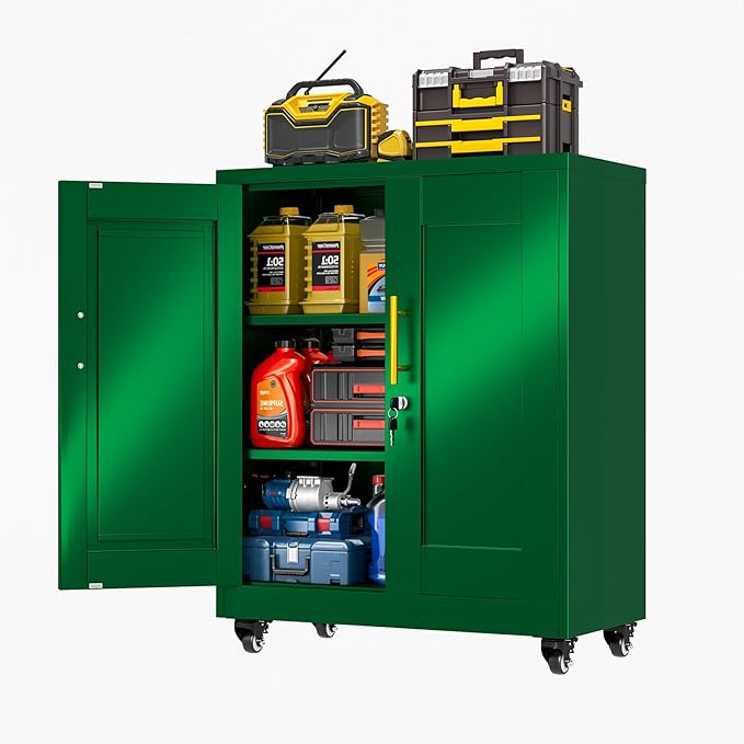 Metal Storage Cabinet with Wheels, 36" Tall Locking Storage Cabinet with 2 Adjustable Shelves, Locking Garage Cabinet, Steel Locker Organizer, for Office, Home, School, Green