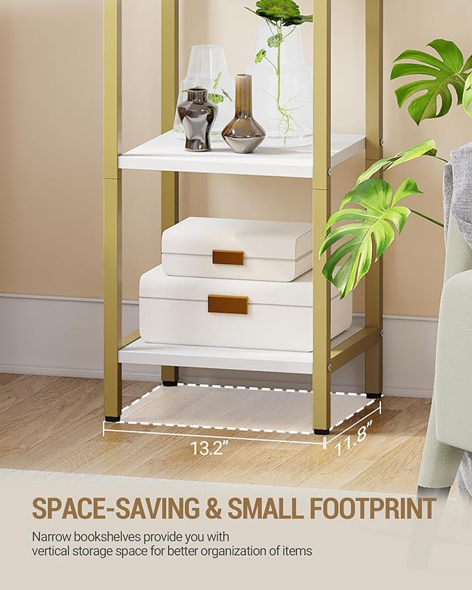 Bookshelf Bookcase Narrow Bookcase Shelf Organizer with Steel Frame for Study Living Room Bedroom Kitchen Home Office Industrial Bookshelf 6-Tier White Gold BC56013A