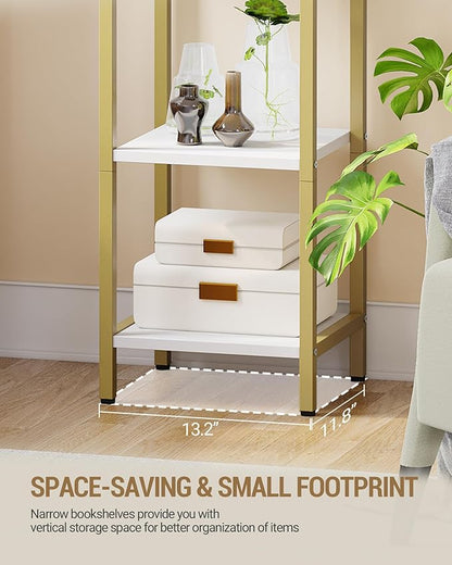 Bookshelf Bookcase Narrow Bookcase Shelf Organizer with Steel Frame for Study Living Room Bedroom Kitchen Home Office Industrial Bookshelf 6-Tier White Gold BC56013A