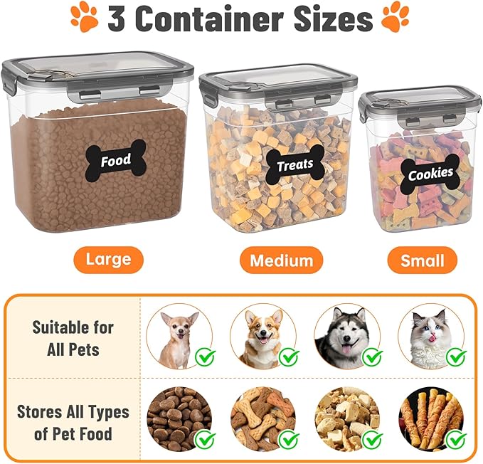 ZooZoo 3PCS Transparent Dog Treat Container Set with Airtight Lids, BPA-Free Plastic Storage Bins for Pet Food & Treats, Stackable Large Medium Small Sizes, Includes Scoops, Labels, Tongs and Marker
