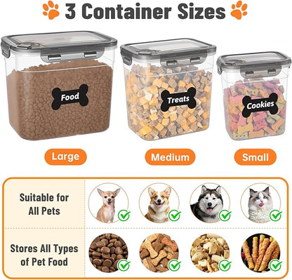 ZooZoo 3PCS Transparent Dog Treat Container Set with Airtight Lids, BPA-Free Plastic Storage Bins for Pet Food & Treats, Stackable Large Medium Small Sizes, Includes Scoops, Labels, Tongs and Marker
