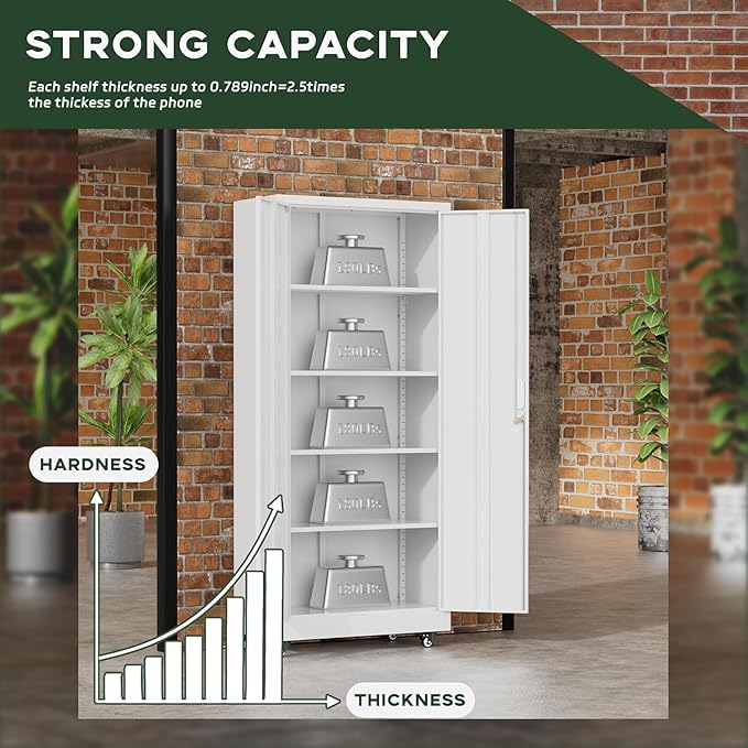 Greenvelly 73" Storage Cabinet with Wheels, Rolling Metal Cabinet with Locking Doors and Adjustable Shelves, Steel Tool Cabinet for Home Office, Garage, Warehouse, White(32" W x 16" D)