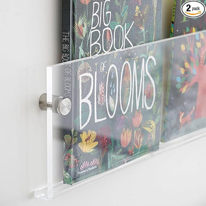 2-Pack Acrylic Magazine Holder Vinyl Records Holder, Display Floating Bookshelves Wall Mounted, Nursery Book Shelves Wall Decor Hanging Magazine Holder for Waiting Room, Living Room, Office