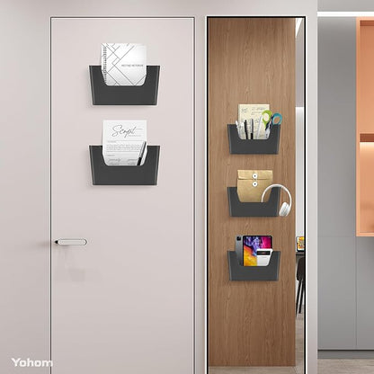 YOHOM No Drilling File Holder Wall Mails Magazines Organizer Adhesive Door Mount, Single Pocket, (White 1) (BLACK, 5 PCS)