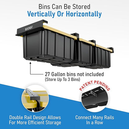 HANDT Overhead Garage Storage Rack, Connectable Heavy Duty Metal Ceiling Rails For Garage Storage Organization Shelving System, Hanging Racks For Tote Containers, Supports Up To 3 Bins, 2 Sets Black