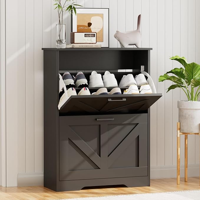 Farmhouse Shoe Cabinet for Entryway with Barn-Style Flip Drawers, Narrow Shoe Storage Organizer with Top Display Shelf, Adjustable Shelves, Shoe Rack for Hallway, Closet- (Black, 24")